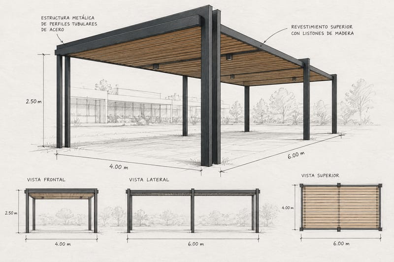 Croquis de la pérgola a mano: estructura de perfiles tubulares de acero con techo de listones de madera, de 4 por 6 metros y 2,50 metros de alto, con vistas frontal, lateral y superior