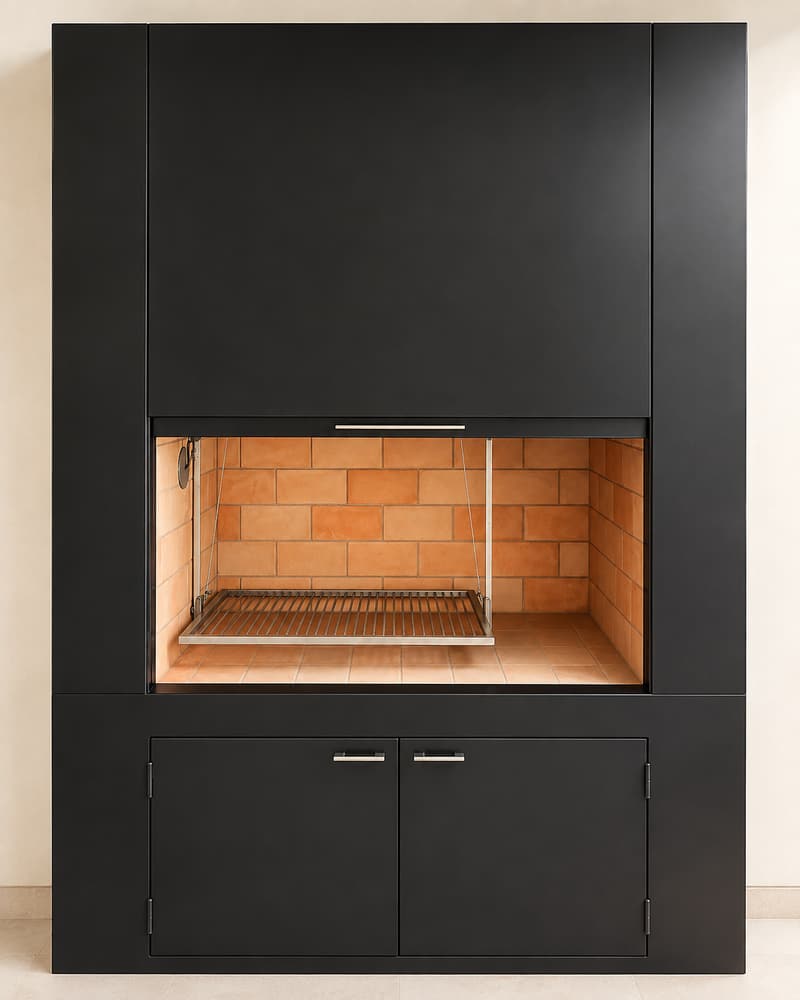 Mueble de parrilla negro con parrilla colgante y bajo mesada de dos puertas